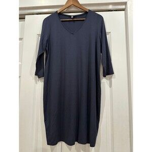 Eileen Fisher Womens Navy PL Stretch Jersey V-Neck Shift Dress Classic Work Chic